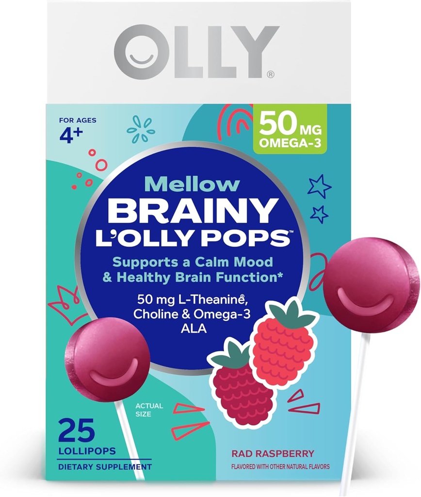 OLLY Mellow Buddies L'OLLY פופs, L-theanine, Choline, אומגה 3 ALA, ילדים 4 Dietary תוסף Lollipops, תומך בתפקוד Calm Mood & בריאות המוח, * טבעוני, Raspberry Flavored, 25 ספירה