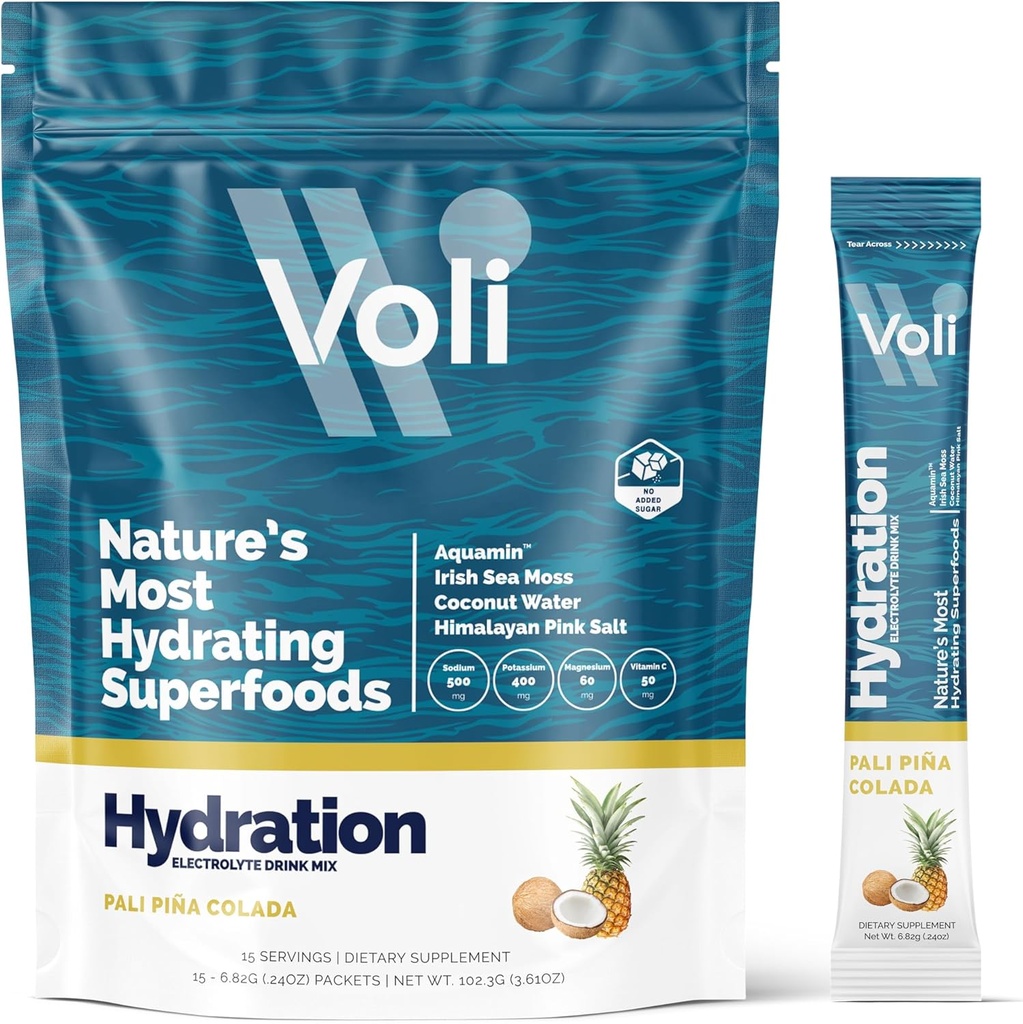 Voli Electrolytes אבקת Packets | No added Sugar Electrolyte drink Mix for Hydration | Keto & Fasting Friendly, Natural Superfoods & מינרלים | Pina Colada, 15Count