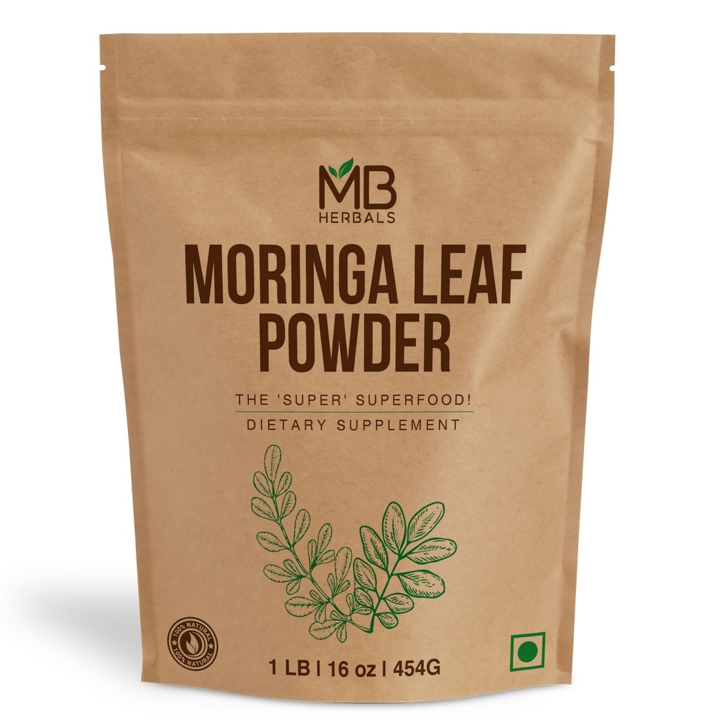 MB Herbals Moringa Leaf אבקת 1 lb / 16 oz (454 גרמה) | 100% אבקת Moringa טהורה; בקלות לערבב משקאות & Smoothies | No Preservatives