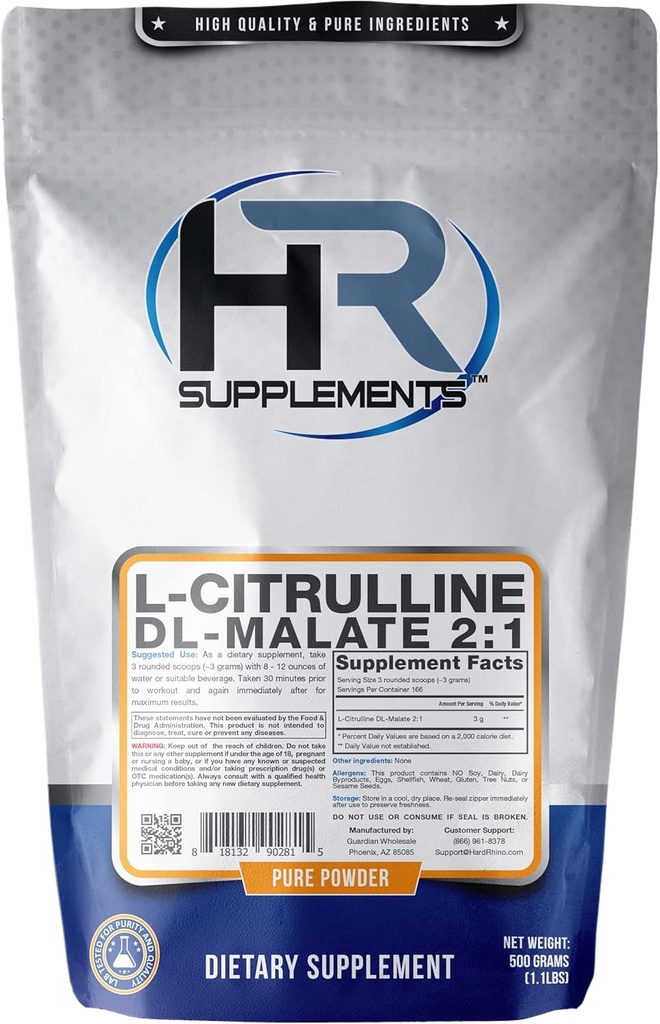 HR משלים L-Citrulline DL-Malate 2:1 אבקת, 500 גרמים (1.1 Lbs), Unflavored, Lab-Tested, Scoop Included