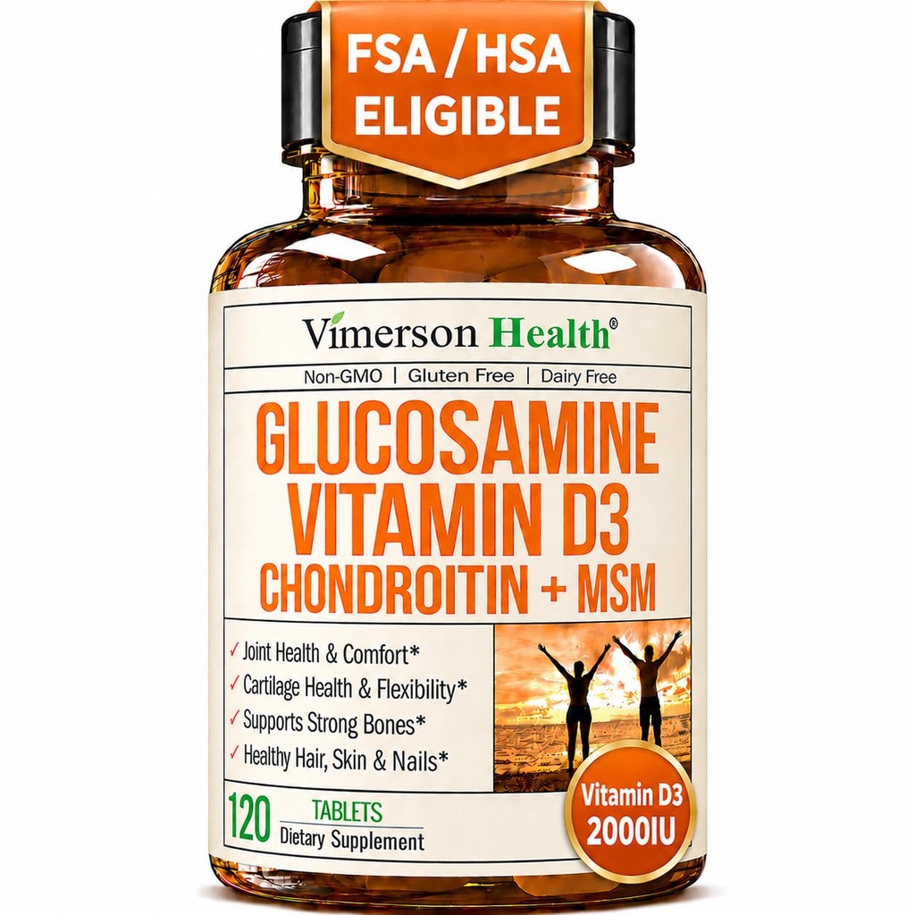 Glucosamine Chondroitin עם ויטמין D3 2000IU - FSA Eligible Joint Supplements for Men & Women - Joint Health, Hair Skin Nails, Bone Health & Comfort עם MSM, Vit D, Bromelain & Boswellia - 120 Tabs