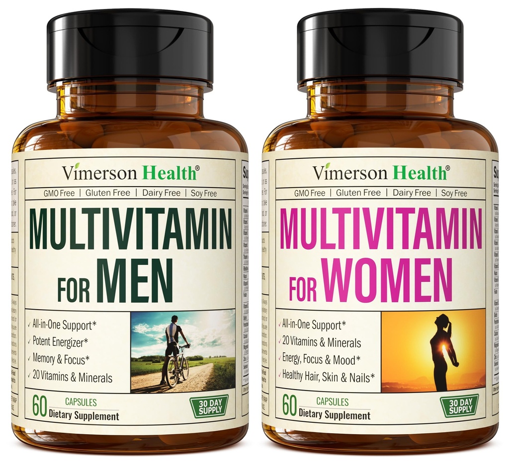 תוספי Multivitamin Multimineral לגברים + נשים 2-Bottle Bundle. תגובה חיסונית בריאה, מפרקים חזקים ועצמות, בריאות העין, תמיכה במערכת העיכול, Antioxidant Properties