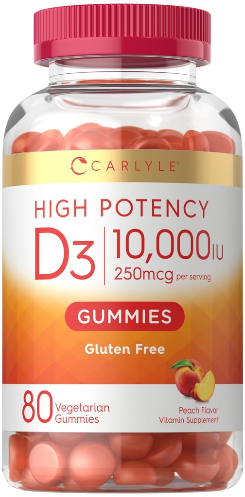 Carlyle ויטמין D3 10000io Gummies למבוגרים | 80 Count | Peach Flavored Gummy | High Potency for Women & Men