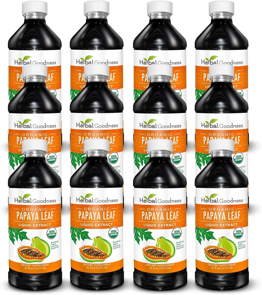 Papaya Leaf לחלץ פלטת דם תמיכה - 15X כוח - פלט טבעי Booster & Digestive Aid - נוזל נוזלי אורגני - 16oz Juice - Case Qty - Herbal Goodness