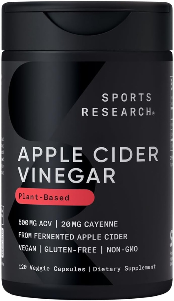 מחקר ספורט Apple Cider Vinegar עם קייאן פפר | Made From Organic Fermented Apple Cider - Non-GMO Project מאומת ומוסמך טבעוני (120 ווג'י קפסולות)