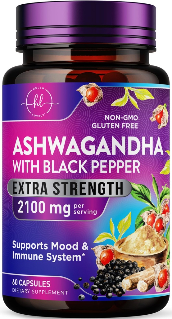 Ashwagandha 2,100 מ"ג - Ashwagandha תוספי לנשים ב- Veggie קפסולות עם אבקת & Root Extractt, Black Pepper for High Absorption, Plant Based, non-GMO, בבקבוק בארה"ב - 60 קפסולות Veggie קפסולות