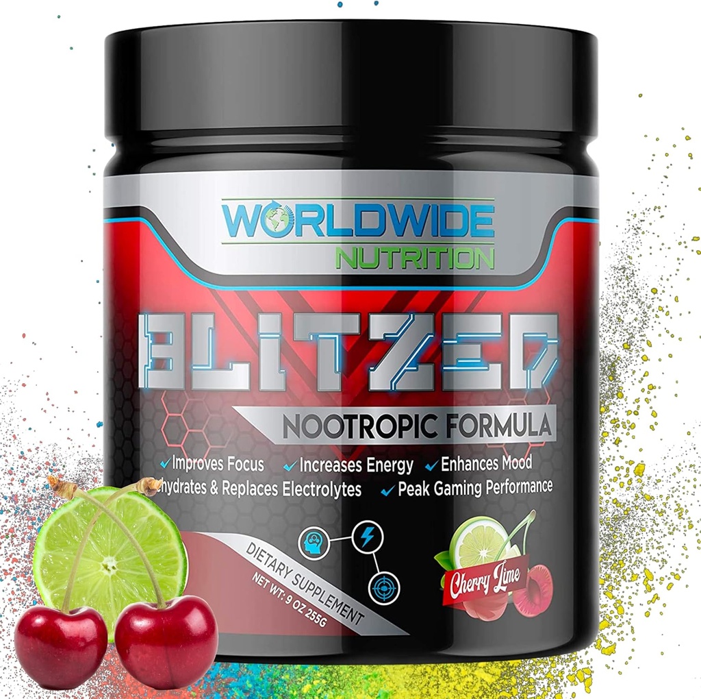 Global Nutrition Blitzed Nootropic פורמולה - All Natural Energy Drinkאבקת - תוספי המוח לזיכרון ומקדו - הגדלת המיקוד באנרגיה תוספת - Cherry Lime Flavor - 30 משרתים