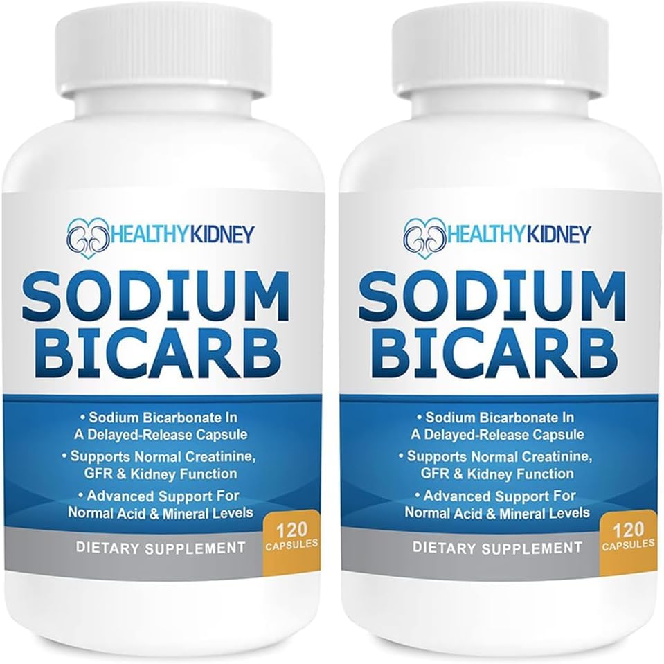 Sodium Bicarbonate 650 מ"ג קפסולות נדחה לתמיכה רגילה Kidney Function & Kidney תוסף. Sodium Bicarbonate for Acid Relief, Alkalinity 120 גלולות 2Pack