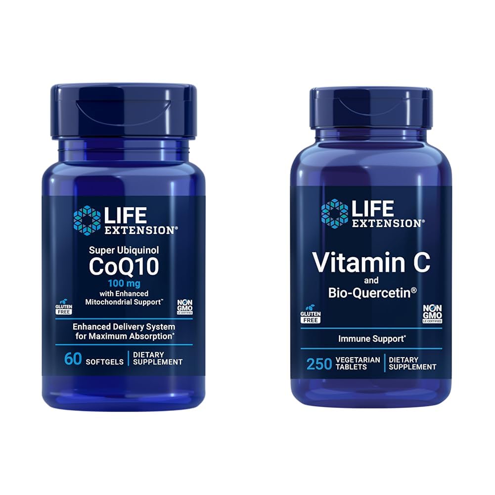 Life Extension Super Ubiquinol CoQ10 60 Softgels ווויטמין C & Bio-Quercetin Phytosome 250 טבליות Bundle עבור הלב, חשמל סלולרי, Immune & Total Health תמיכה