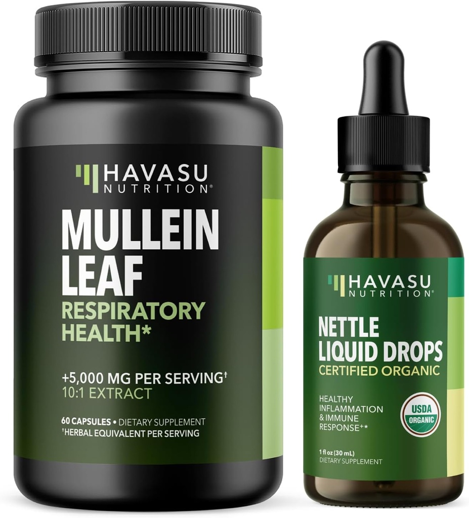 HAVASU NUTRITION מולליין קפסולות עלות + Nettle נוזל טיפות נשימה בריאות Bundle