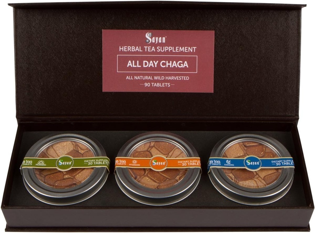 Sayan סיביר כל היום Set Instant Chaga Mushroom Tea, Pack של 3 טבליות יומיות (90 Pcs) - Wild-Harvested, Premium - Natural Antioxidant Tea for Immune Support, Energy Enhancedion
