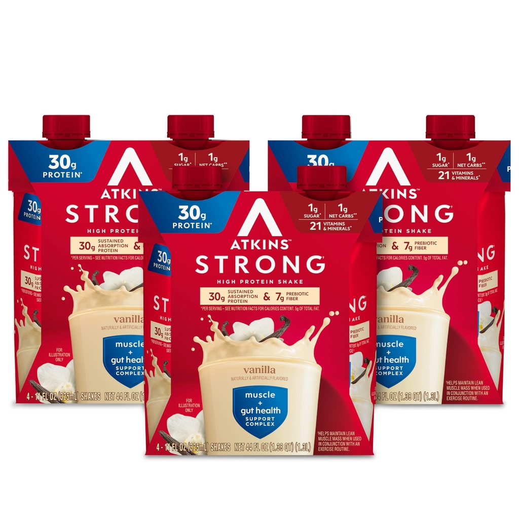 Atkins חזק חלבון שקד, Vanilla Flavored, 30g חלבון, דלת פחמימות ושקית סוכר נמוכה, Keto Friendly, Gluten Free, השרירים ו- Gut Health Support Complex, 12 Count