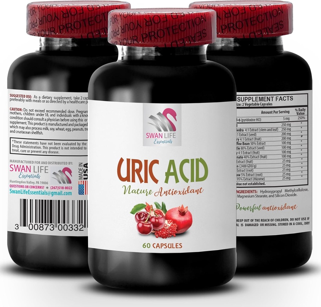 חומצת שתן נמוכה באופן טבעי - URIC ACID - חומצת שתן נמוכה יותר, מפרקי גבישי חומציות שתן, ניהול חומצת שתן, מזונות להוריד חומצת שתן, מזונות להפחית תוספי חומצה שתן עבור חומצת שתן 1Bot 60Caps
