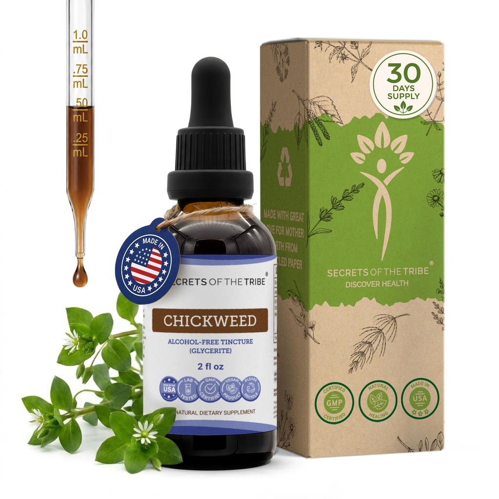 סודות של השבט צ'יקוויד Tincture Alcohol-Free Extract, Chickweed (Stellaria Media) Dried above-Ground Parts (2 FL OZ)