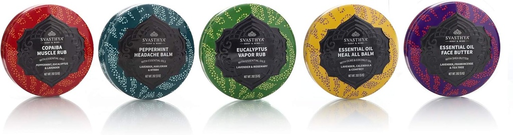 SVASTHYA BODY & MIND Essential Oil Balms Multi Pack מתנה - כולל שריר שרירים, כאבי ראש Balm, Vapor Rub, Heal All Balm ו Face Butter - Made in the USA, 1 ea -5 Pack
