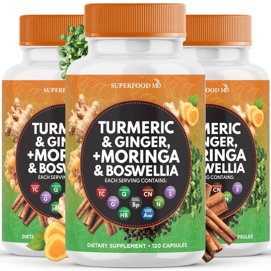 Turmeric Moringa 50000 מ"ג תוסף | ג'ינג'ר בוסווליה 3000 מ"ג Saffron 2000 מ"ג Holy Beckbri - תוספת תמיכה משותפת לנשים וגברים עם Ceylon Cinnamon, Quercetin, Tart Cherry- 360 Count Count