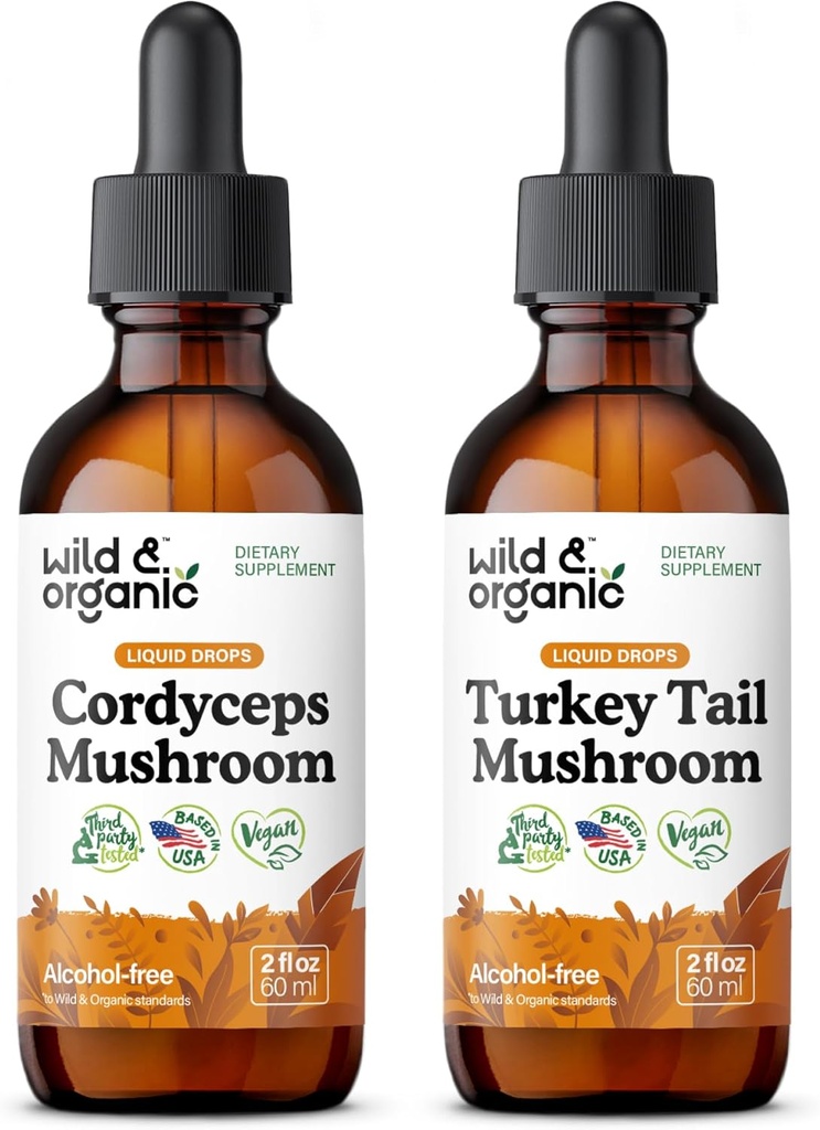 Wild & Organic Cordyceps Mushroom Tincture 2 floz & Turkey Tail Mushroom Tincture 2