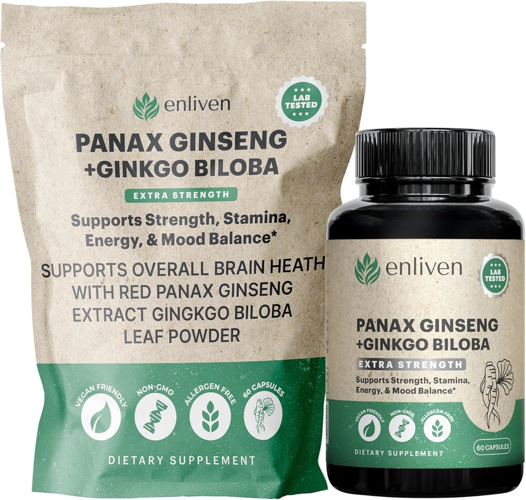 Panax גינזנג וג'ינקגו Biloba תוספי אנרגיה, Focus & Brain Health | הקוריאנית Red גינזנג קפסולות לזיכרון, לחץ ו Circulation | תמיכה קוגניטיבית טבעית | 60 Count | Made in USA