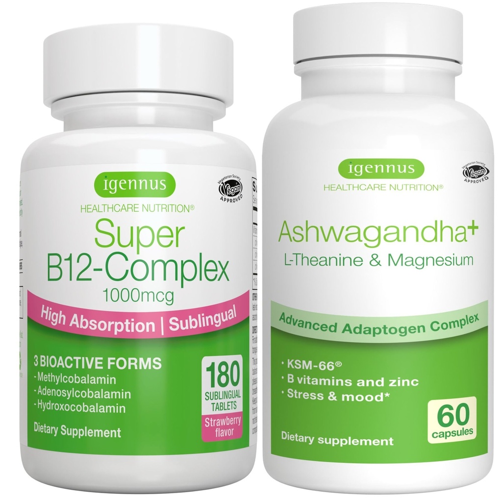 Super B12-Complex 1000mcg + Advanced Ashwagandha KSM-66, L-theanine & Magnesium Bundle, High Absorption Sublingual ויטמין B12 + Multi Action Fitogen Complex, על ידי Igennusss.