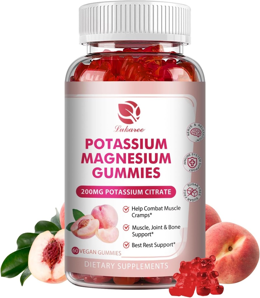 Potassium Magnesium Gummies - High Absorption Magnesium Glycinate & Potassium Citrate 200 מ"ג פלוס אומגה 3, B6, D3, K2 & Calcium - Chewable Gummy for Immunity & Energy - Peach Flavor - 60 Count Flavor