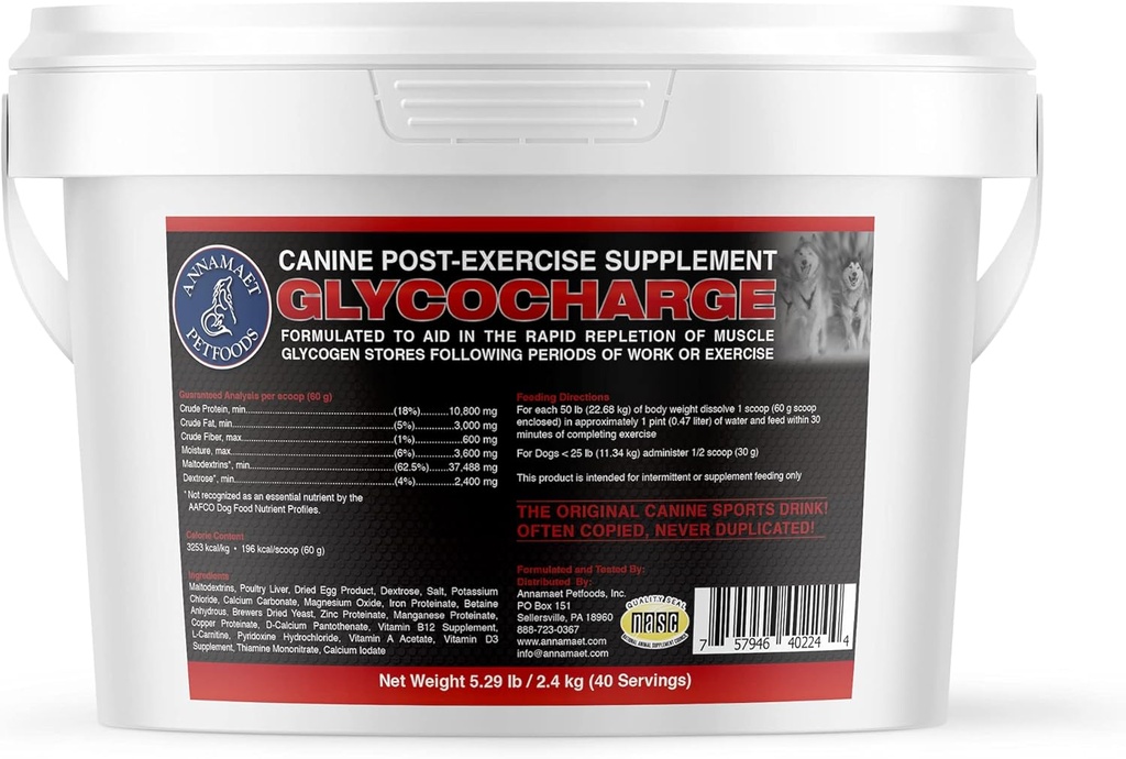 Annamaet Glycocharge - Post-Exercise תוסף עבור Canine Athletes ו- Work Dogs - עם Maltodextrins כדי לעזור ל-Rlenish שריר Glycogen עבור Faster Recovery - 2.4 ק"ג