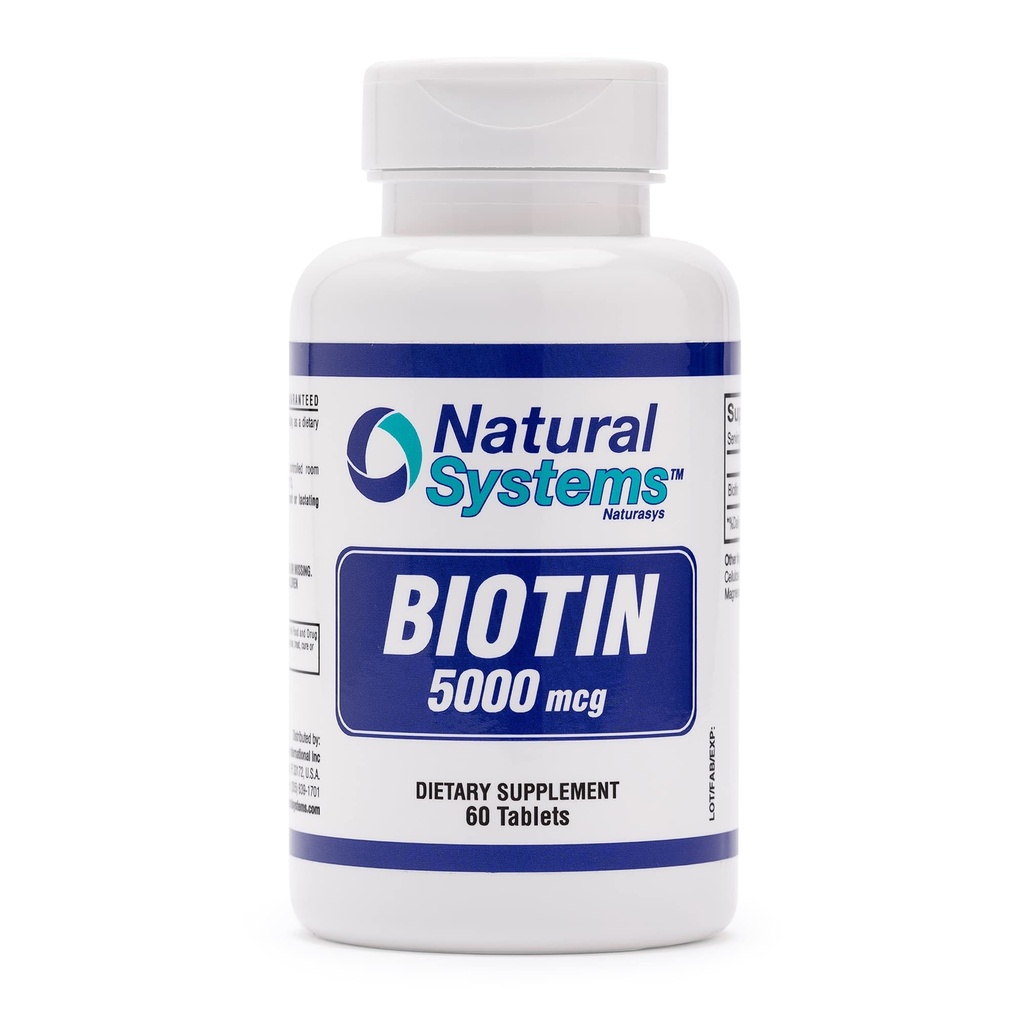 Biotin 60 טבליות 5000 mcg על ידי מערכות טבעיות | גלולות תמיכה לשיער ביוטין | שיער העור נושר ויטמינים לגברים ונשים | תוסף ביוטין משפר את צמיחת התאים