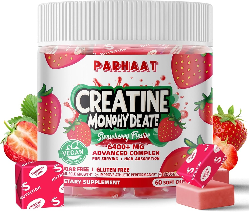 Creatine Monohydrate Chews מורכב 6400 מ"ג עבור גברים ונשים - מתקדם פורמולה W / L-Taurine + ויטמין B12, סוכר חינם צ'ואלה, 60 Strawberry Softchews