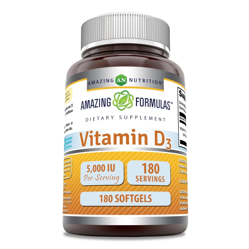 פורמולה מדהימה ויטמין D3 (Cholecalciferol) תוסף | 5000 IU לשרת | 180 Softgels | Non-GMO | Gluten-Free | Made in USA