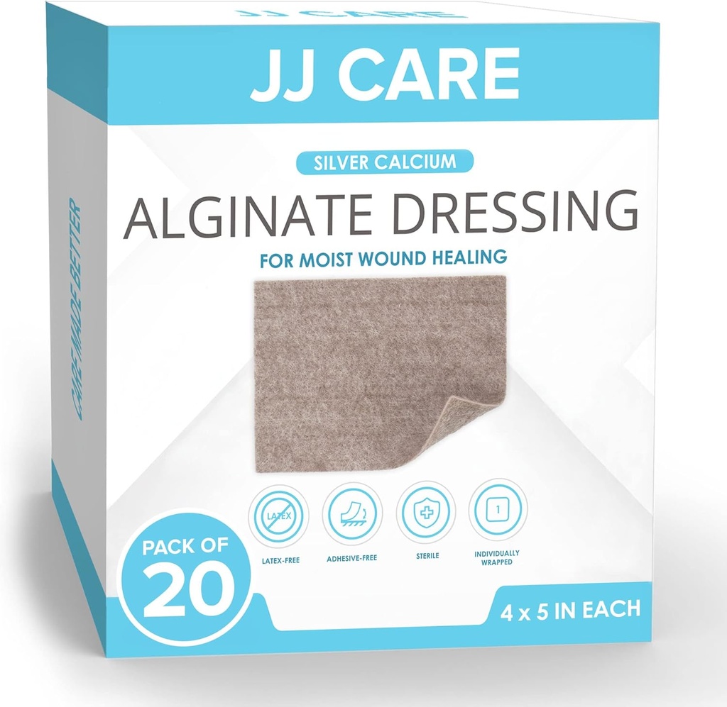 JJ Care Silver Calcium Alginate Wound Dressing (Pack of 20) 4x5, Silver Alginate Wound Dressing Individually Packed, Highly Absorbent non-Adherent Bandages for Wound Care