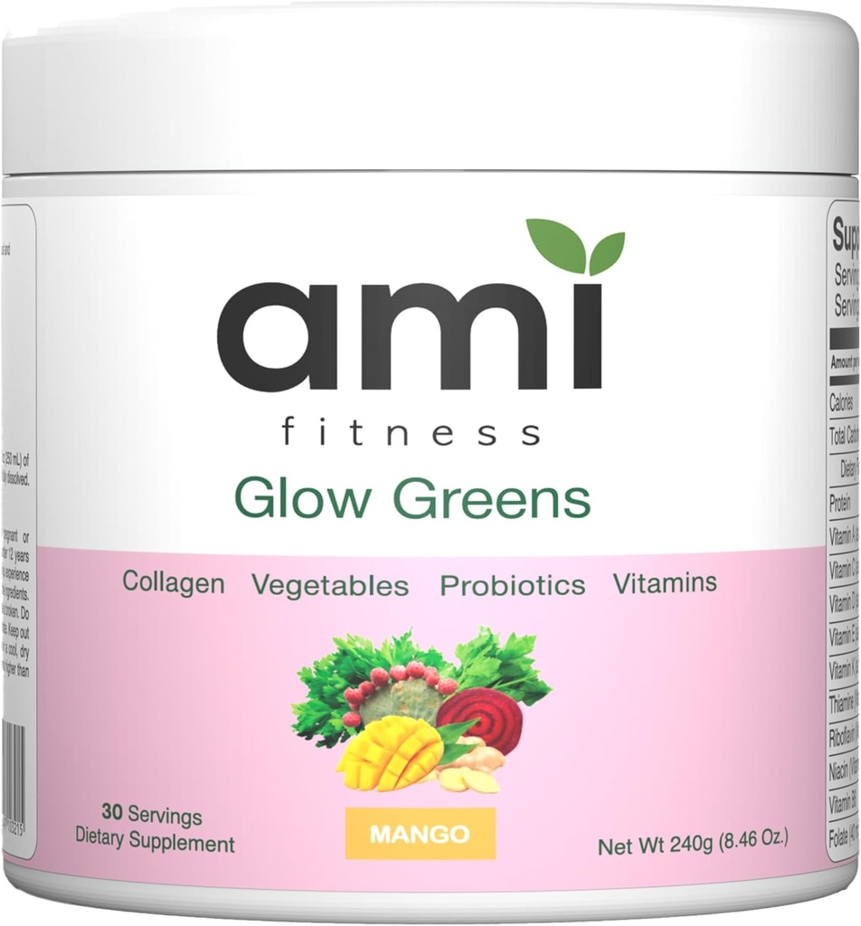 אבקת Glow Greens, Collagen עם פרוביוטיקה, ויטמינים, Enzymes Digestive, Superfoods, Gut Health, Bloating Relief, Radiant Skin, Natural Glow, Spirulina, Juice, 30 SVG, מנגו, מנגו