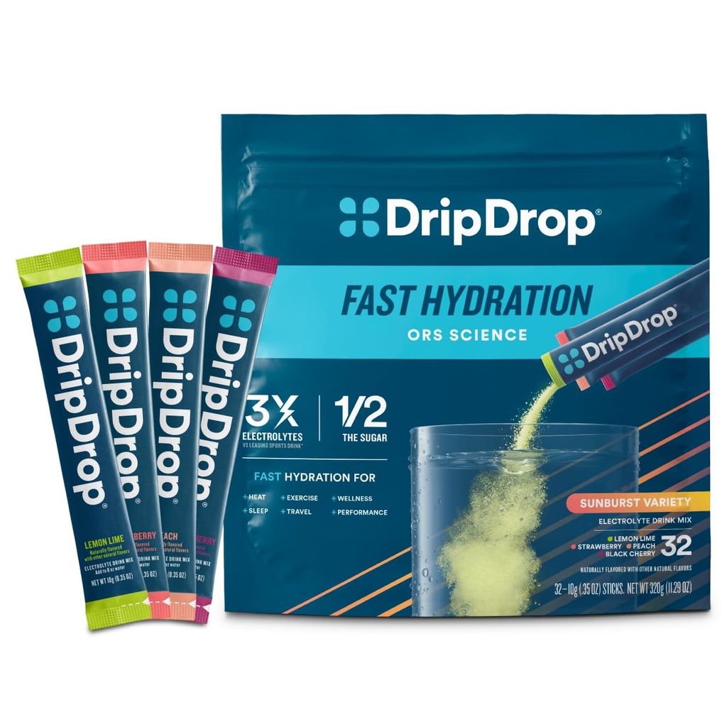 DripDrop hydrotion Packets - Sunburst Variety Pack - Single Serve Electrolytes אבקת לשתות Mix - לימון Lime, Strawberry, Peach, Black Cherry - Non-GMO, Gluten Free, טבעוני 32 מקלות