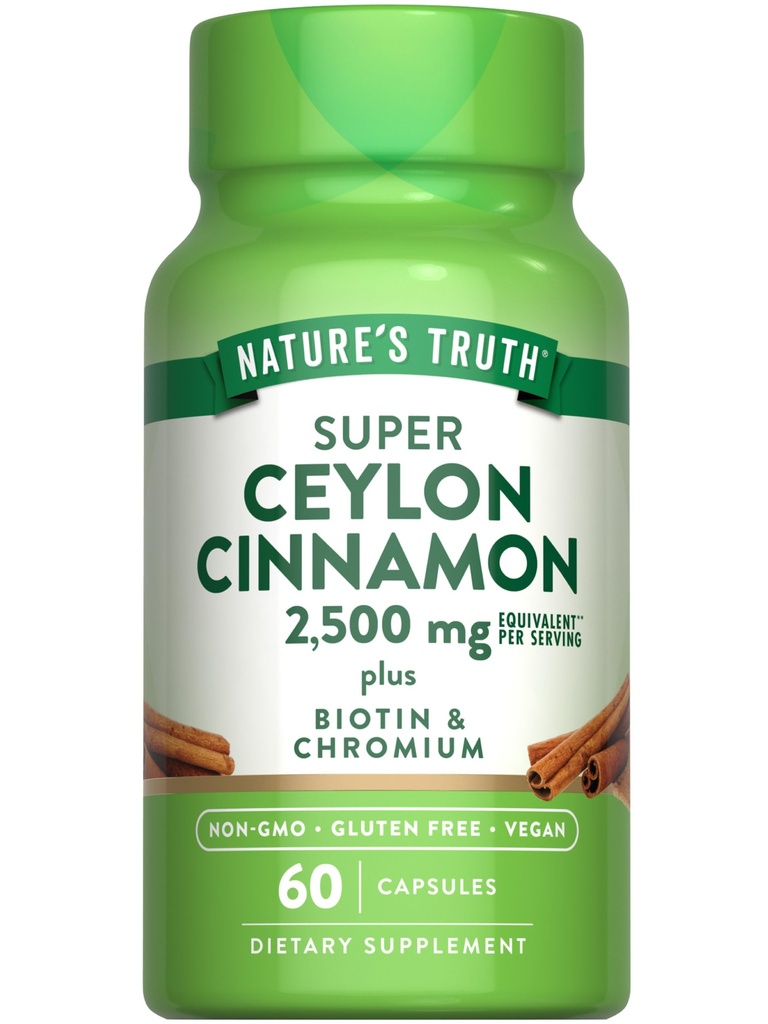 האמת של הטבע Ceylon Cinnamon קפסולות | 2,500 מ"ג | בתוספת Chromium ו- Biotin | 60 Count | טבעוני, Non-GMO & Gluten Free Supplement