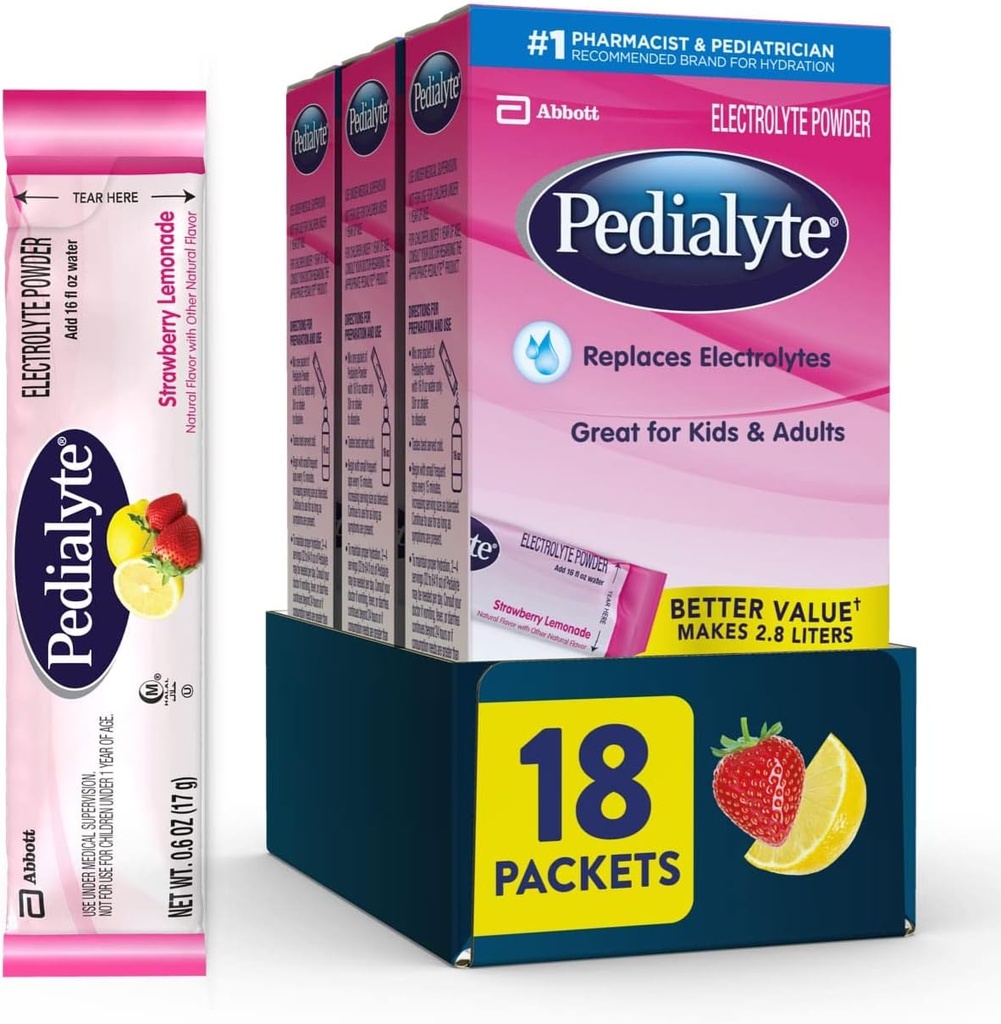 Pedialyte אלקטרוליט אבקת Packets, Strawberry לימונדה, משקה הידרה, 18 יחיד המשרת אבקת Packets