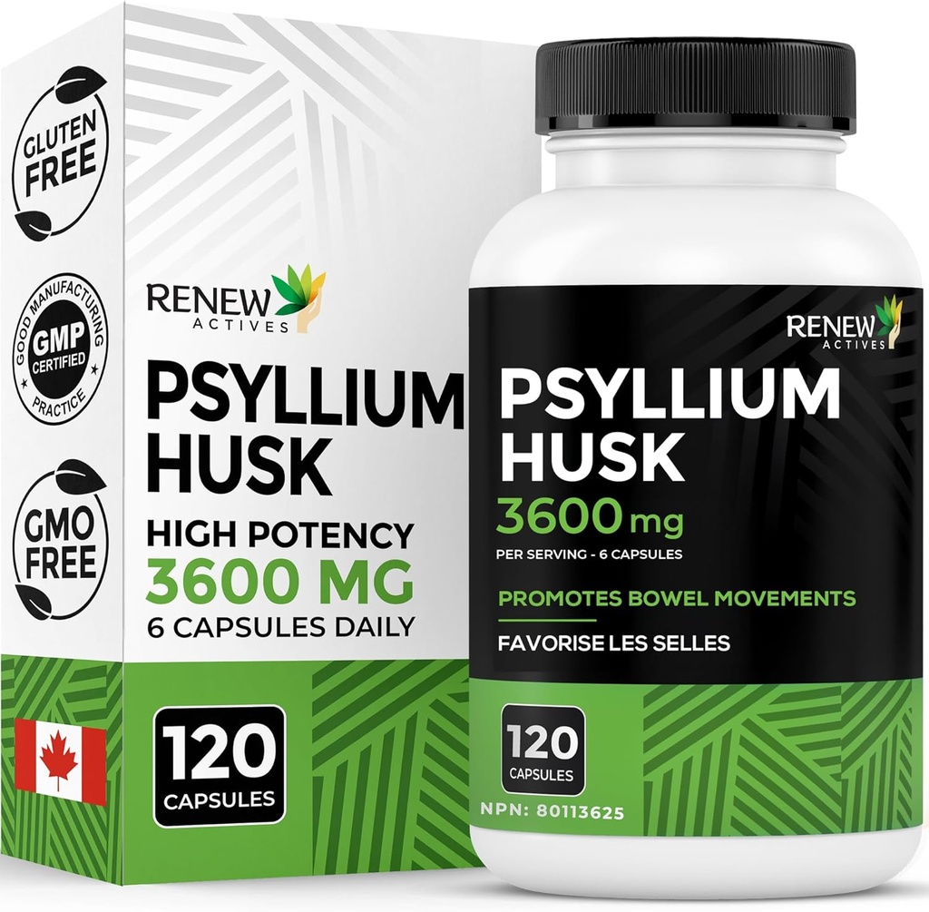 Renew Actives Psyllium Husk 1200MG לכל שתי קפסולות - Bulk-Forming Laxative & Soluble סיבים לבריאות העיכול, סדירות ובוגרות - Pure Ingredients - מיוצר בקנדה - 120 קפסולות