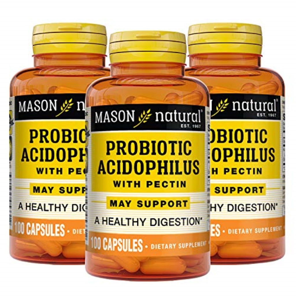 MASON NATURAL Probiotic Acidophilus, 150 יום אספקה, תומך סדירות וחשיפה נורמלית עם Pectin & Calcium, 100 קפסולות (Pack of 3)