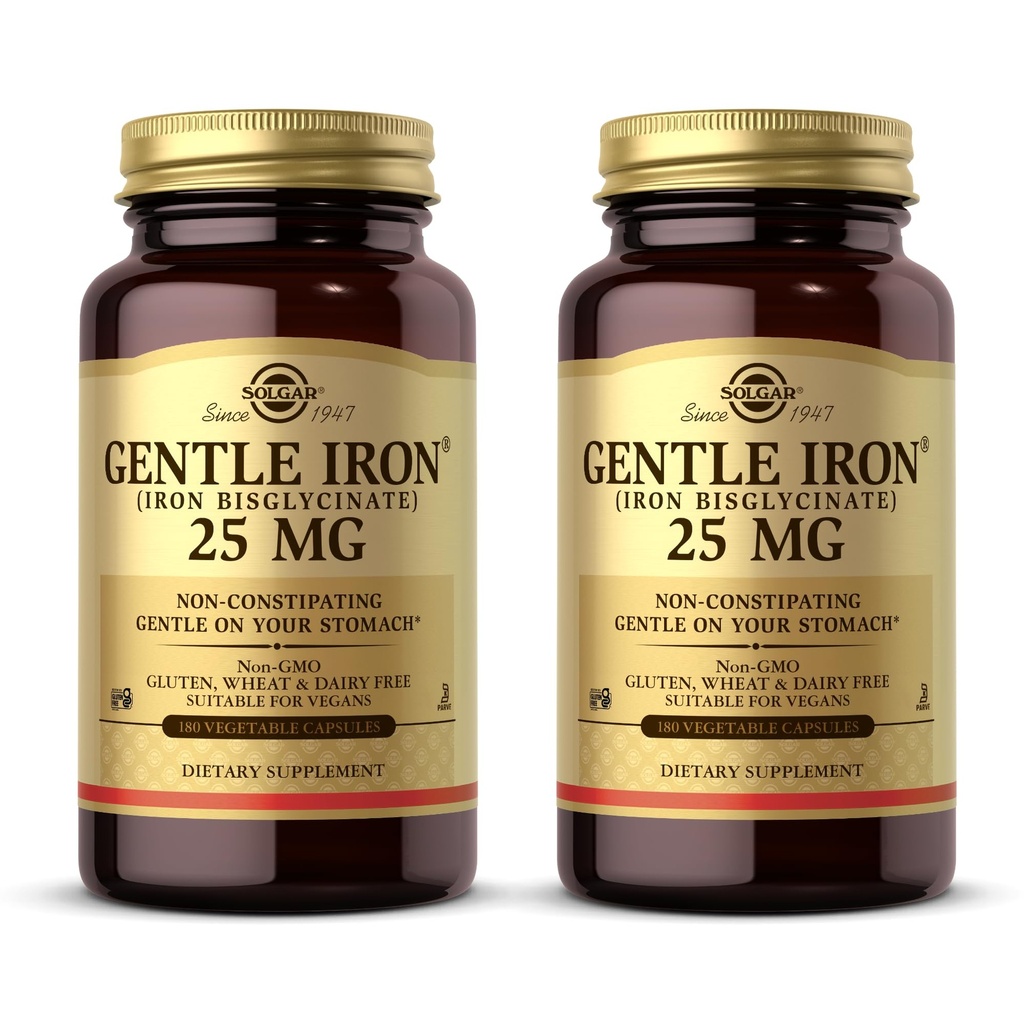 Solgar Gentle Iron (Iron Bisglycinate) 25 מ"ג - 180 קפסולות ירקות, Pack of 2 - Non-Constipating, Gentle on Your Stomach - Non-GMO, Gluten Free - 360 Total Serves