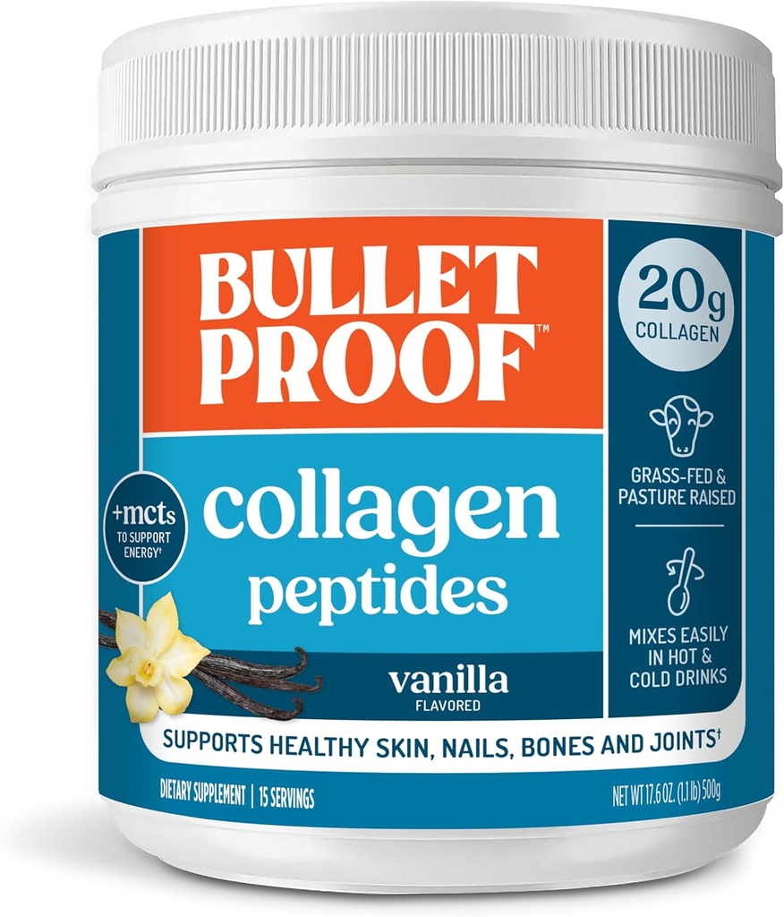 אבקת Vanilla Collagen Peptides עם שמן MCT, 14.3 Ounces, Grass-Fed Collagen חלבונים עבור עור, עצמות ותמיכה משותפת, פסור גדל, לא תוספת הורמונים, אריזה מאי Vary