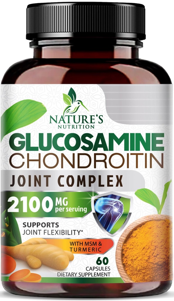 Glucosamine Chondroitin MSM 2100mg מורכב - תוספת תמיכה משותפת עבור ניידות משותפת ונוחות לגברים ונשים עם Turmeric & Boswellia, תוספת משולשת גלוקוזאמין - 60 קפסולות