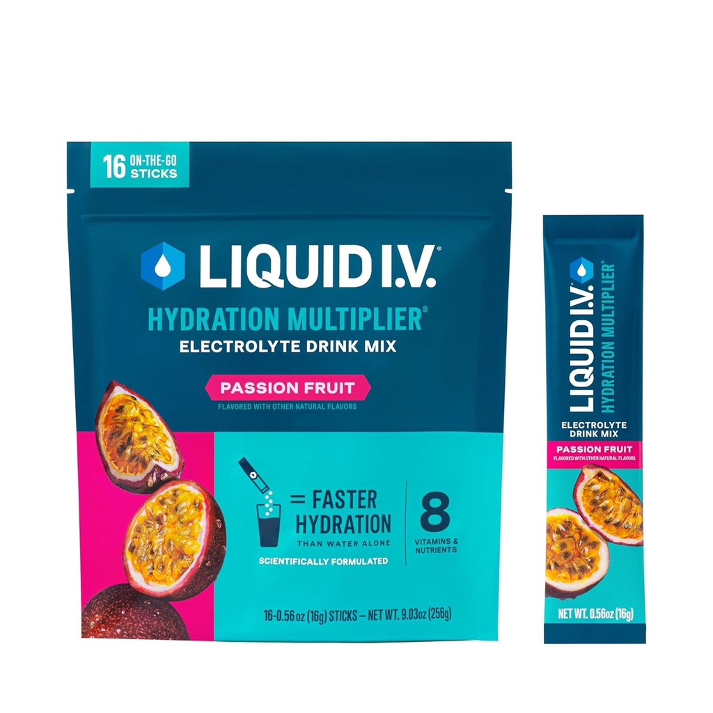 נוזל I.V. hydrotion Multiplier® - תשוקה פירות - אבקת כביסה Packets | אבקת אלקטרוליטה Mix | Convenient Single- Serveing Sticks | Non-GMO | 16 משרתים (Pack of 12)