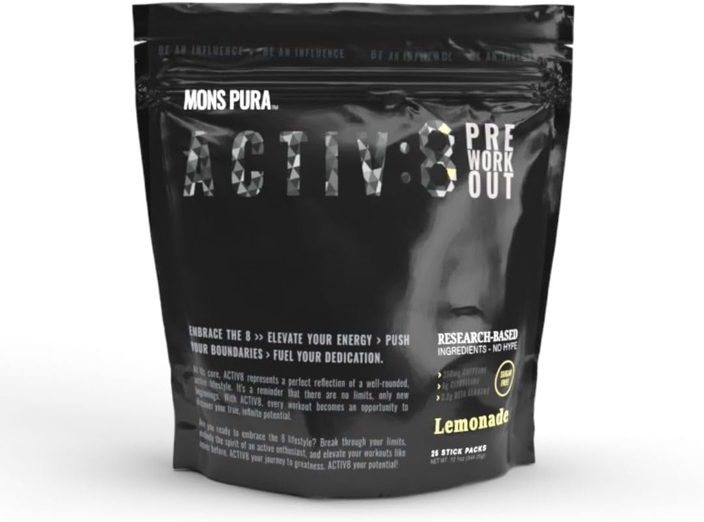 Activ8 Pre-Workout Lemonade Pouch: Energyze Workouts with Research Based Ingredients - 250mg Caffeine, Sugar-Free 25 Stick Pack