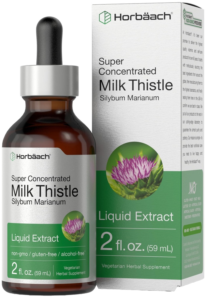 Horbäach Milk Thistle לחלץ נוזל | 2 fl oz | אלכוהול חינם | Vegetarian, non-GMO & Gluten Free