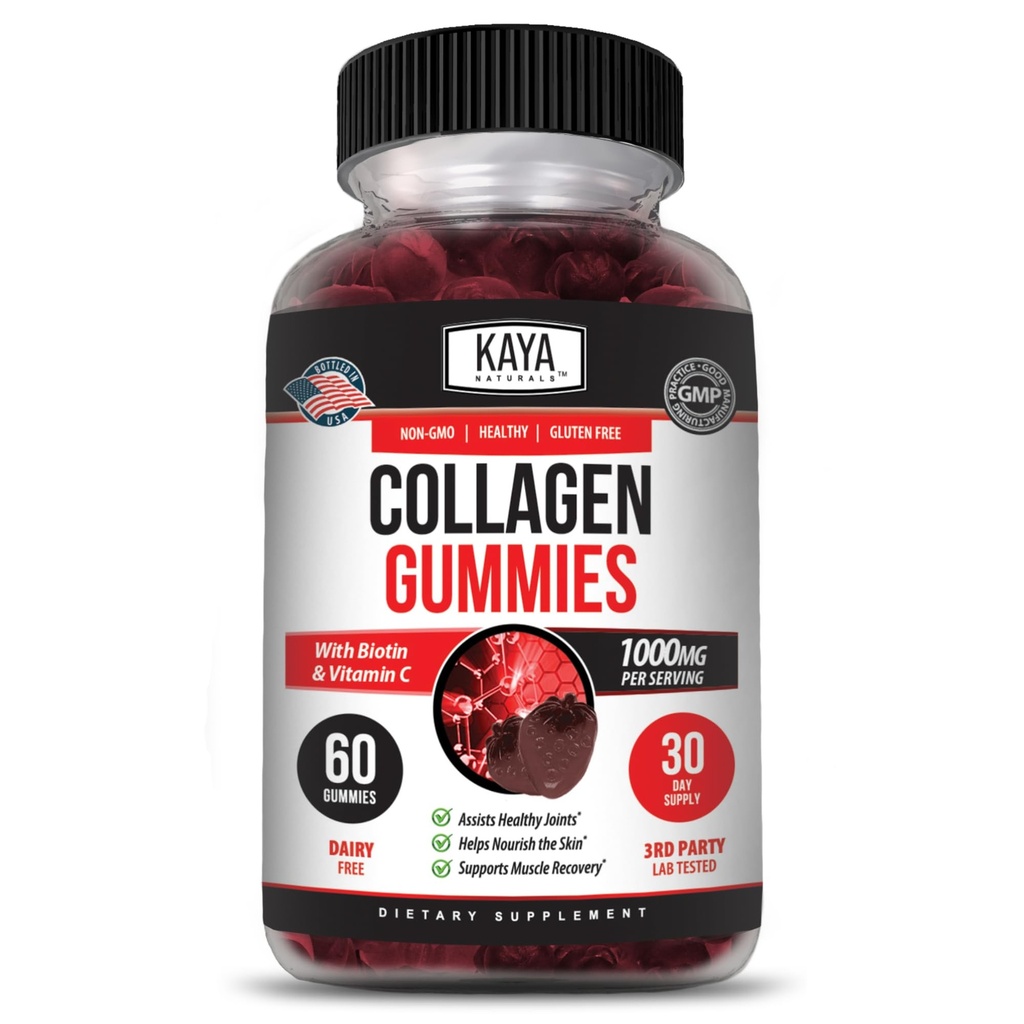 Kaya Naturals Collagen Gummies for Men & Women Supplement | Nature Gum Mademies - 1000mg of hydrolyzed Collagen, ויטמין C, Selenium & Biotin, Strawberry Flavor - 60 חניכיים