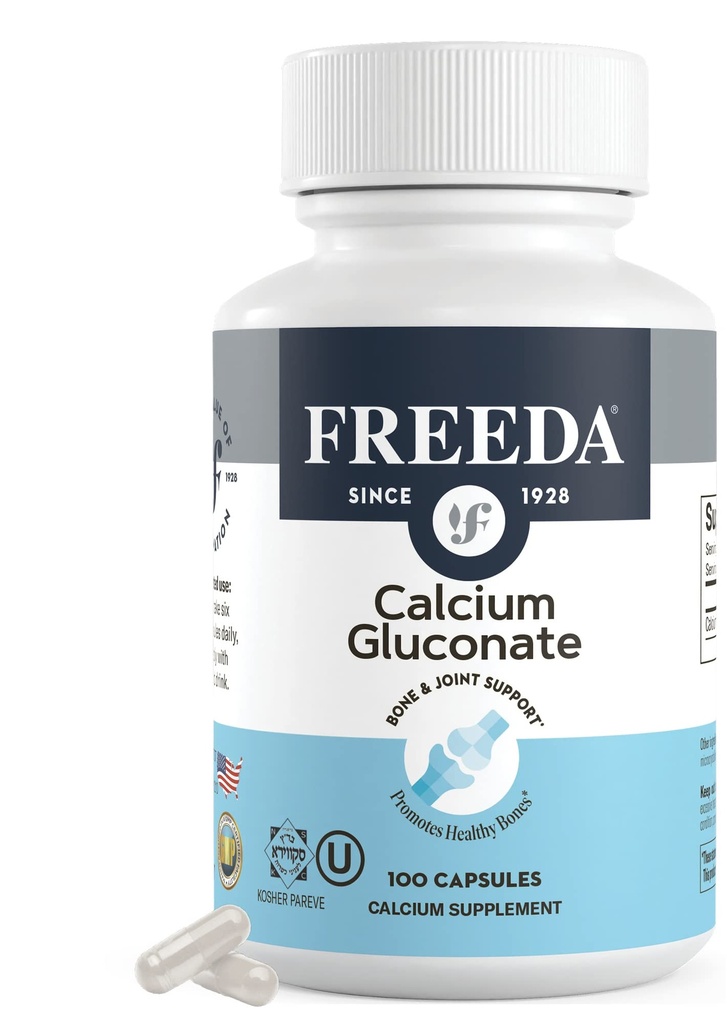 Freeda Calcium Gluconate - תוספי מזון טבעוני כשר - Easy to Digest & Absorb - תומך כוח העצם - Calcium טהור ללא ויטמין D - (100 קפסולות)