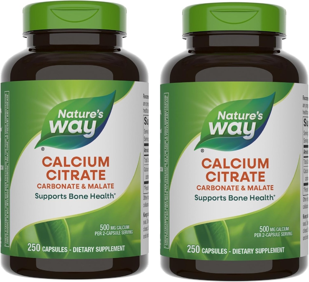 Nature's Way Calcium Citrate, 500 מ"ג Calcium ל- 2Capsule Server, for Bone Health &שרירים פונקציונלי *, Band of Citrate, Carbonate & Malate, Gluten Free, 250 קפסולות (Packaging May Vary) - 2 Pack