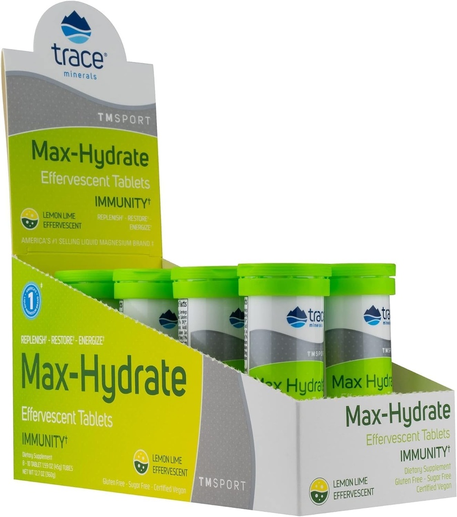 Trace מינרלים Max-Hydrate Immunity - תוספת משקאות אלקטרוליטית לתמיכה בבריאות החיסון וההירצה - תוסף Vitality ל- Aid Wheel Cramp - לימון Lime, 8 Containers (80 משרתים)