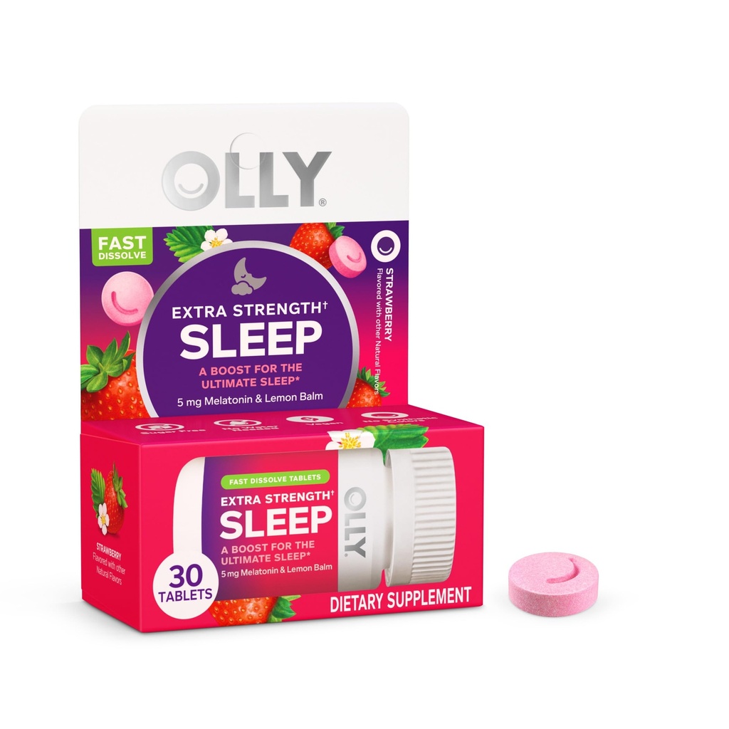 OLLY Extra Power Sleep Fast Dissolve Tablets, 5 מ"ג מלטונין, טבעוני, סטרוברי - 30ct