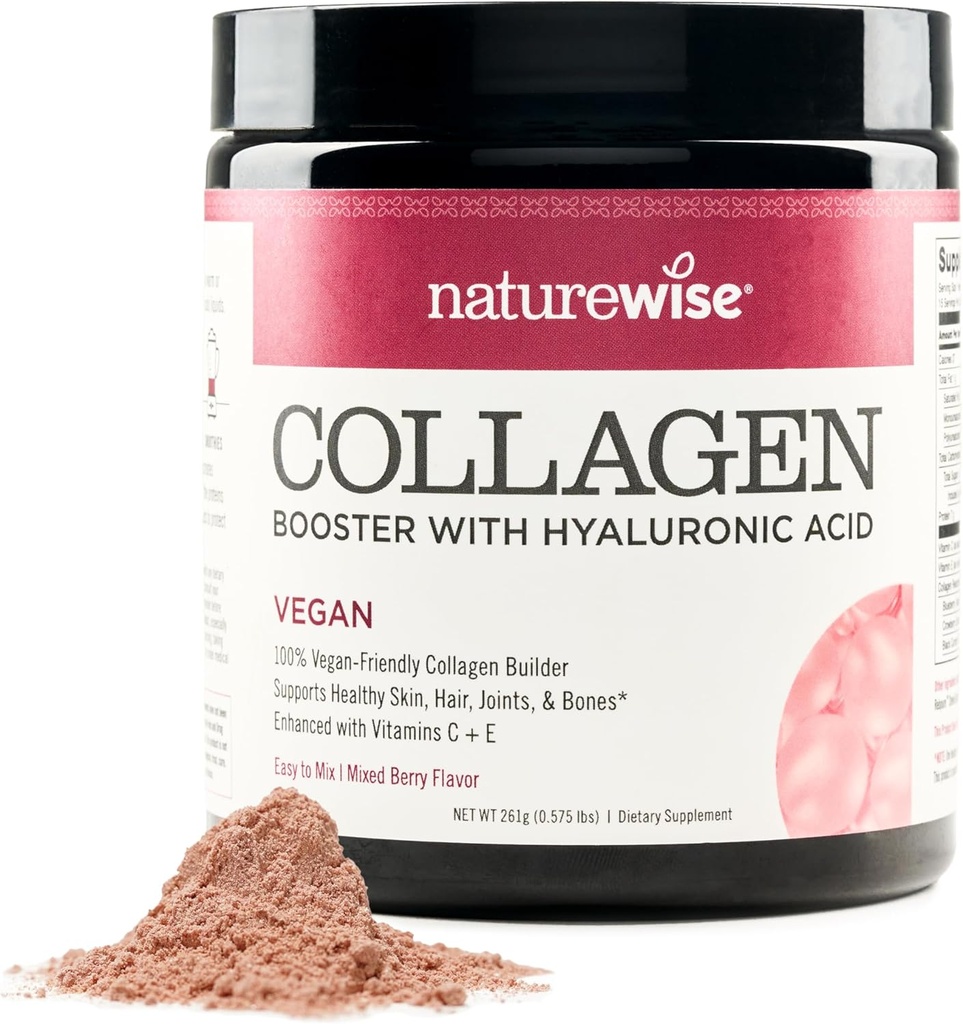 NatureWise Vegan Collagen אבקת - Booster Formula for Healthy Hair, Skin, & Nails with Hyaluronic Acid, ויטמין C ו- E, חלבונים - ברי פלפור - חלב ללא חלב, ללא GMO - 15 מנות
