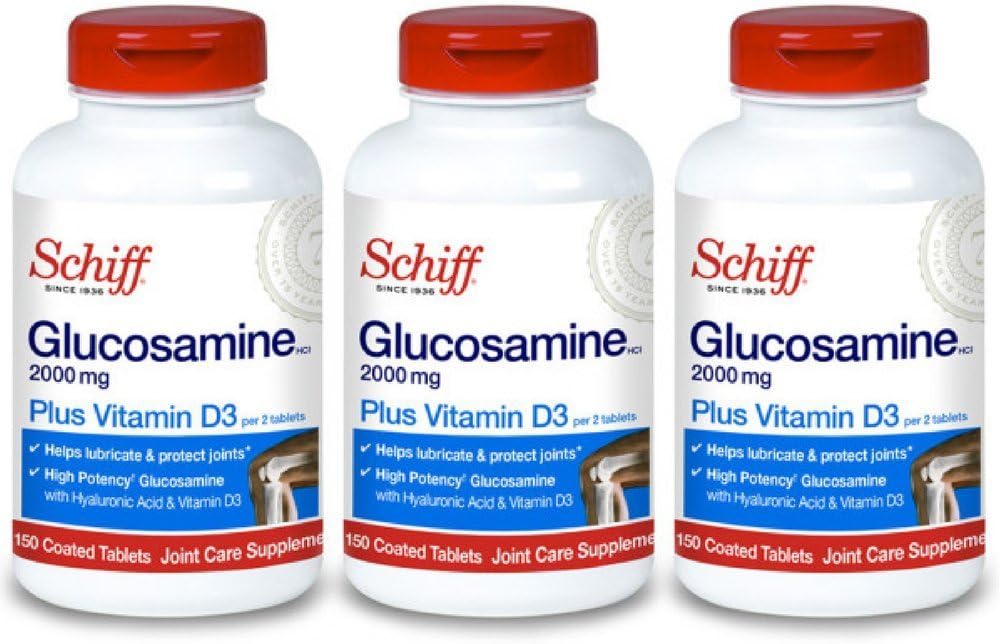 Schiff Glucosamine 2000mg עם ויטמין D3 ו Hyaluronic Acid, 150 טבליות - תוסף משותף (Pack of 3)