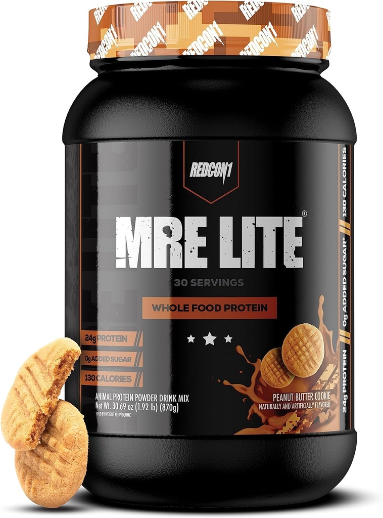 REDCON1 MRE Lite Whole Food אבקת חלבון, Peanut Butter Cookie - Low Carb & Whey Free Meal החלפת with Animal Proteins - Easy to Digest Made with MCT שמנים (30 משרתים)