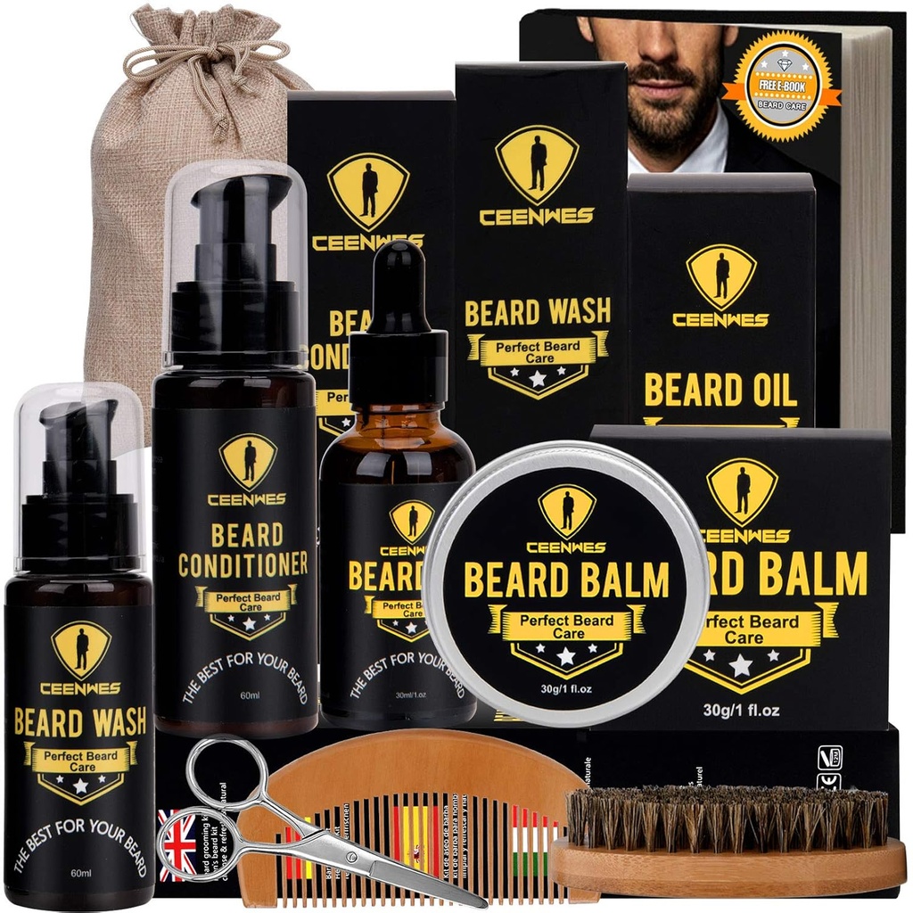 Ceenwesrated Beard Grooming Kit - Conditioner, Oil, Brush, Comb, Balm, Scissors, Storage Bag for Beard and Mustache Trimming, Perfect Men's Gift